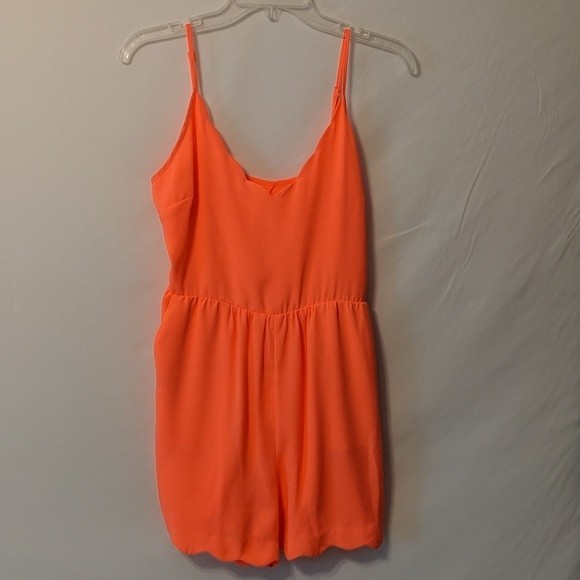 Double Zero Neon Pink Orange Scalloped Romper with Keyhole Back Size Med… - Picture 1 of 7
